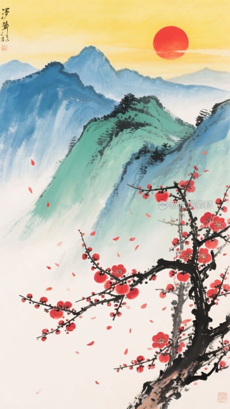 红梅映山景日出图