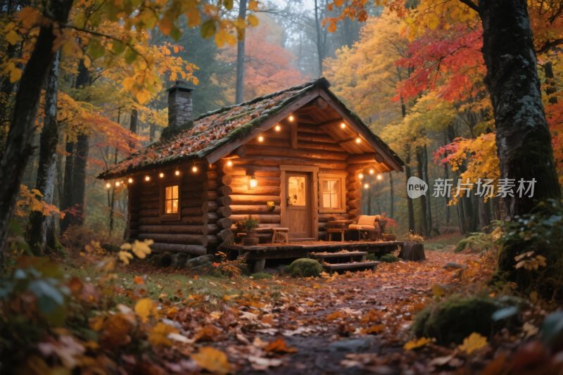 秋日森林中的温馨小木屋