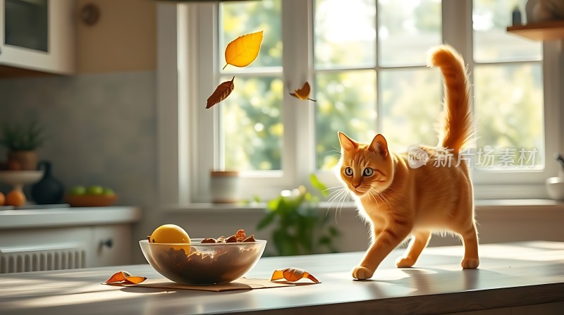 阳光下的橘猫追逐落叶