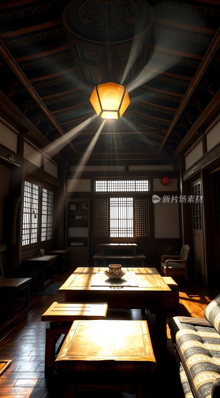 古色古香的书房阳光洒落木制家具与书架相映成趣