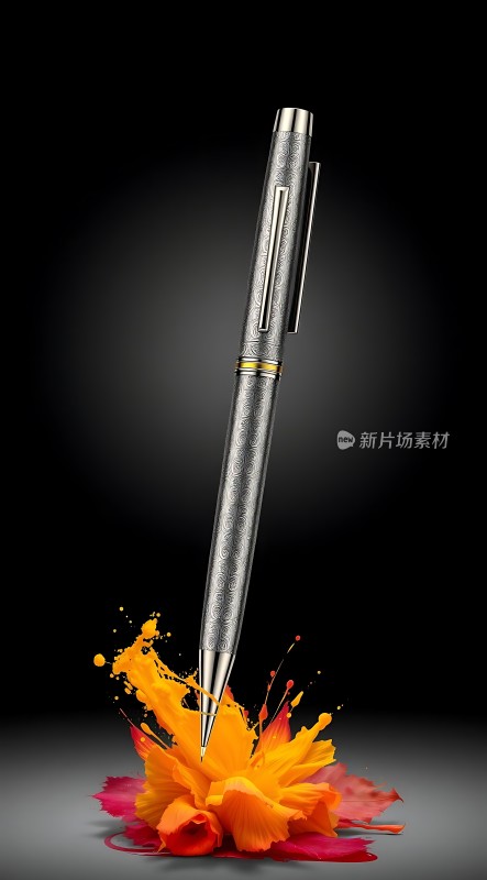 银色钢笔与彩色墨水交融的艺术之美