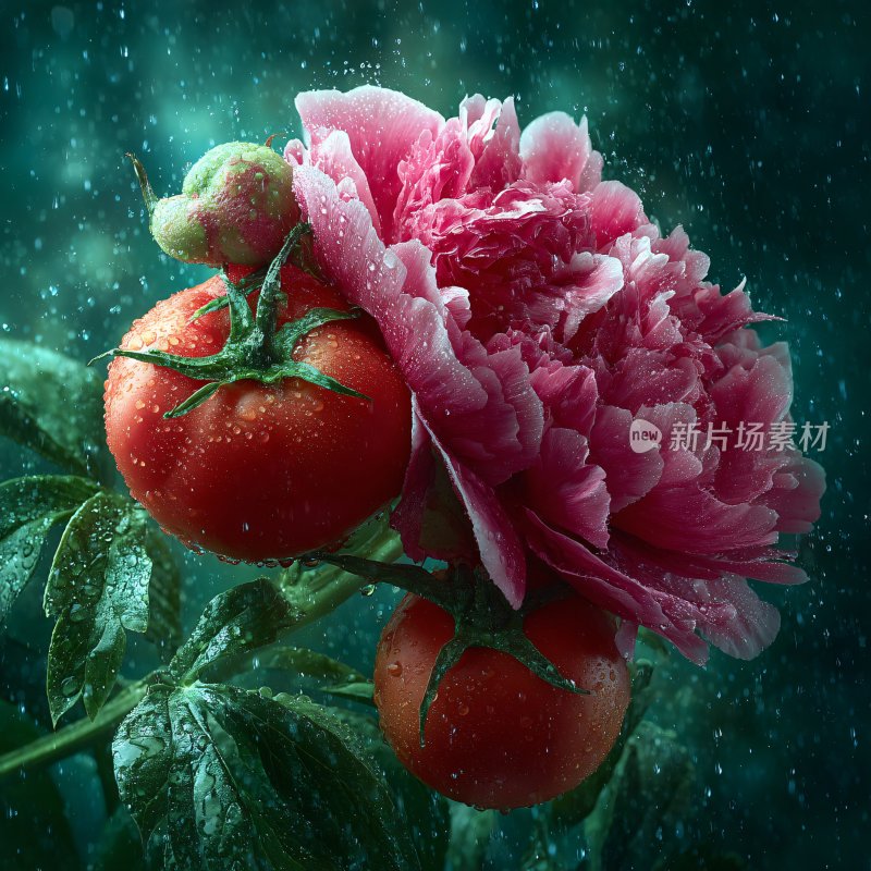 雨中牡丹与番茄静物图