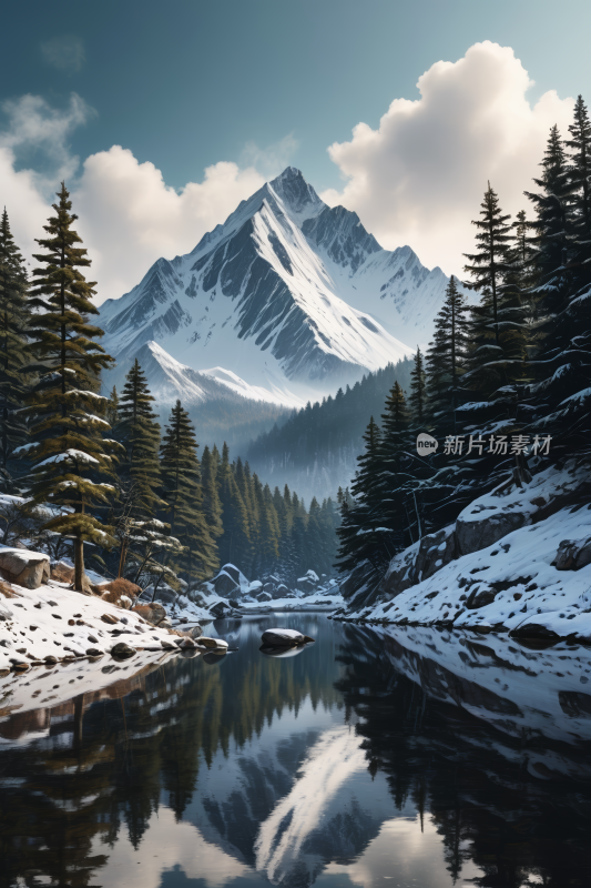 雪山前景是湖泊和树木高清风景插图片