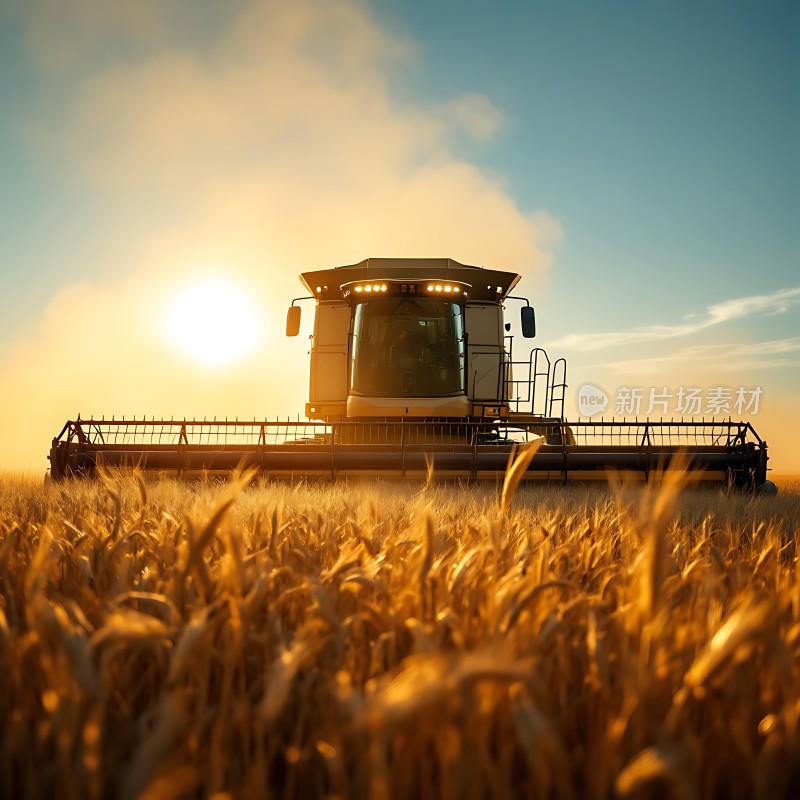 金色麦田中的收割机
