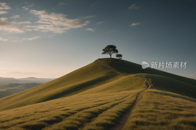 山上一棵孤树一条小路高清图片