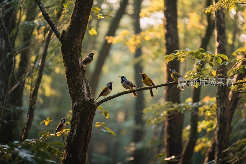 森林小鸟栖息图