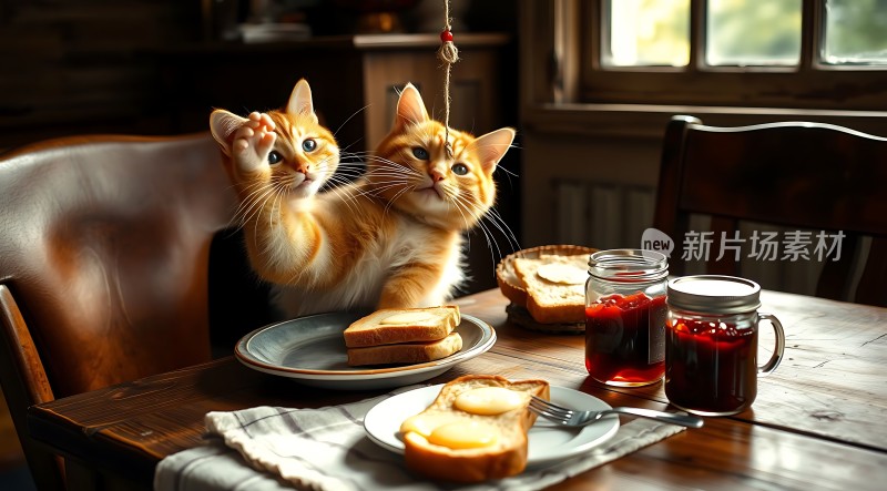 橘猫餐桌互动温馨早餐场景