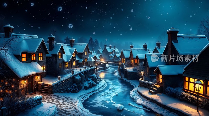 雪夜小镇温馨宁静