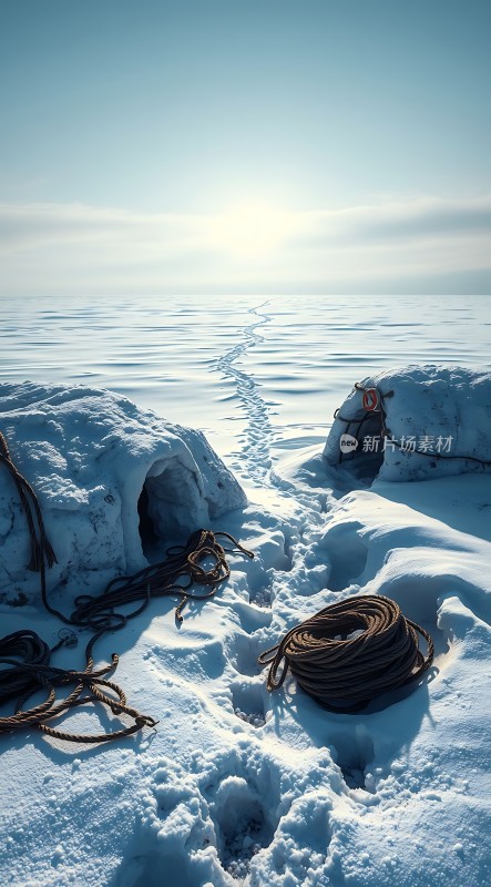 冰原探险雪地绳索与足迹