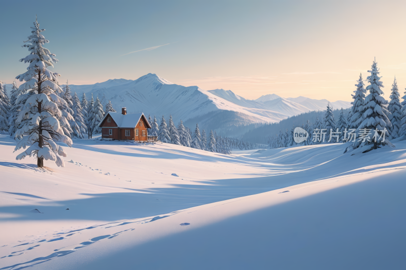 雪山场景小屋和松树高清风景图片