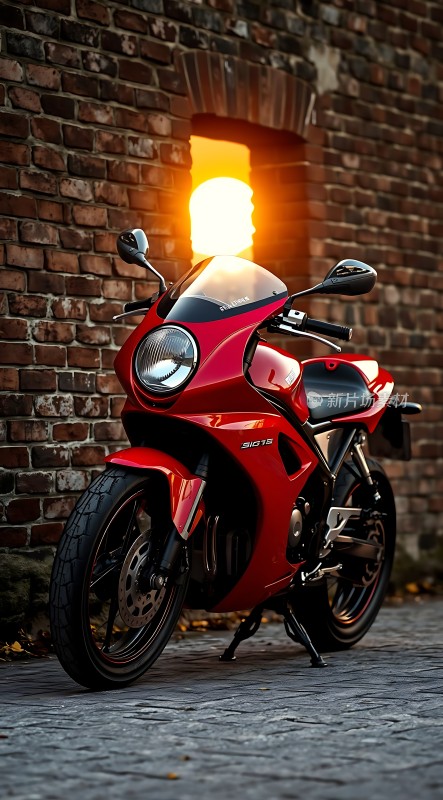 红色摩托映衬砖墙