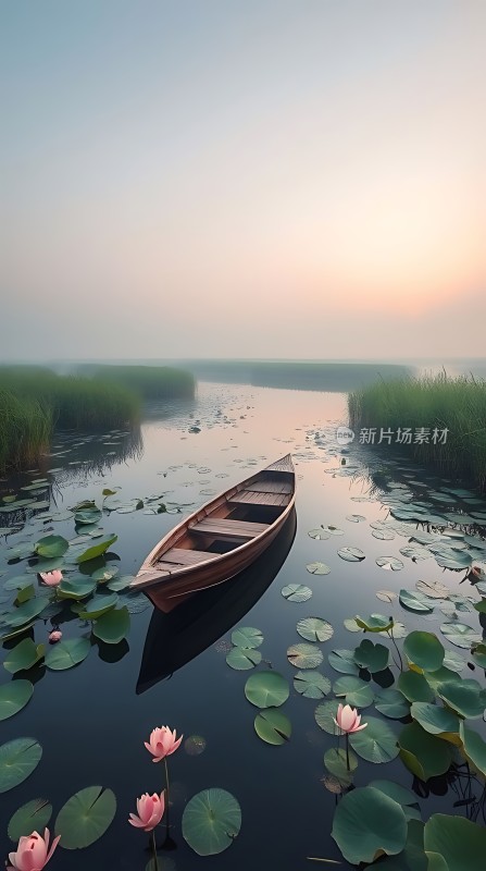 湖畔轻舟映日莲