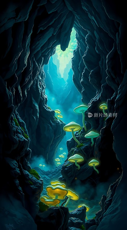 神秘洞穴中的荧光蘑菇