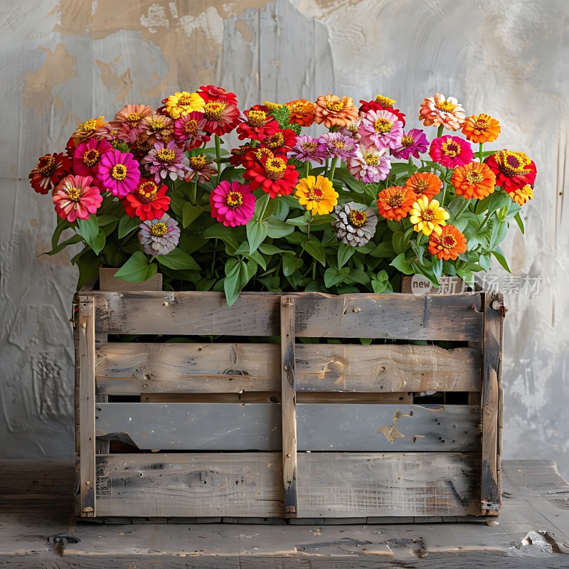 五彩斑斓的花朵装满木箱