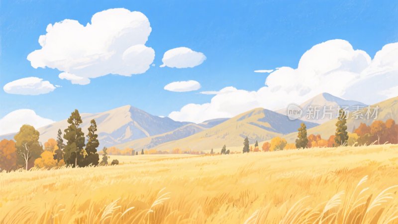 秋日田野与远山风景插画