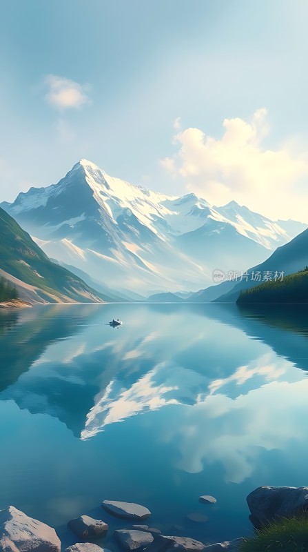 雪山倒影映碧波