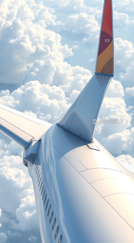 蓝天白云间飞机尾翼翱翔天际