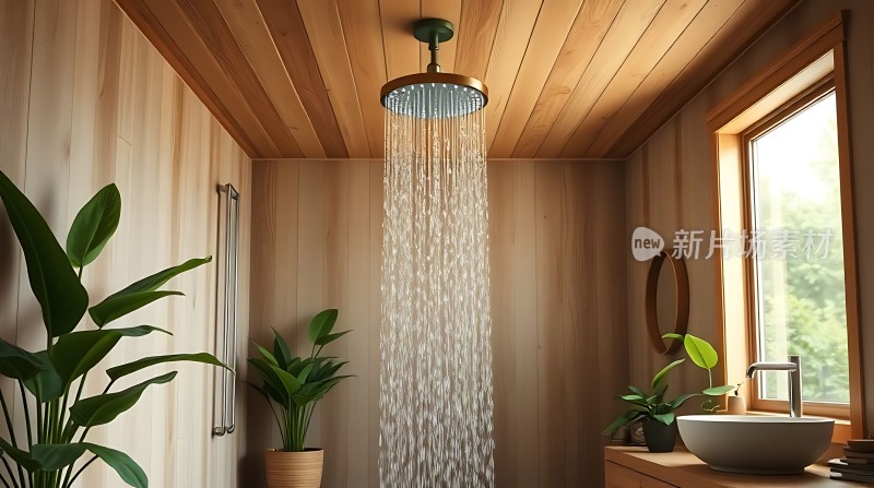 现代浴室设计木质天花板与墙面圆形淋浴头绿植点缀自然光线充足