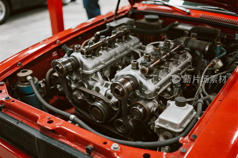 红色汽车的发动机特写