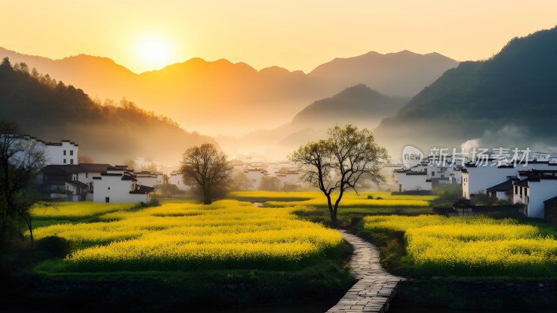 油菜花海中的古村落 油菜花