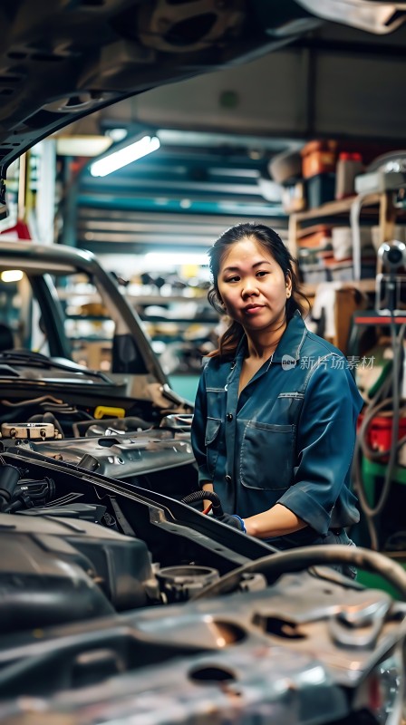 女机械师专注检修汽车引擎