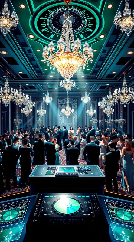 豪华舞会现场灯光璀璨人群熙攘DJ台前设备齐全