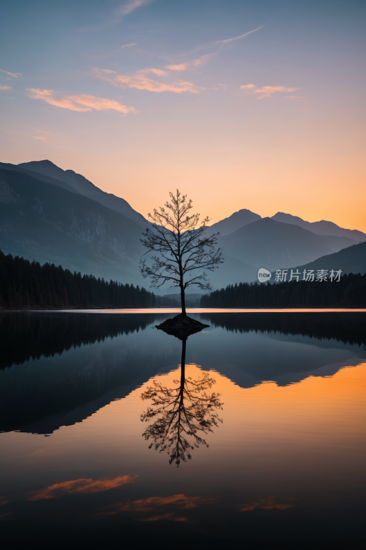 湖中央的树山脉高清风景图片