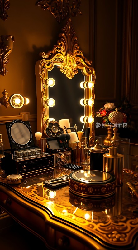金色梳妆台上的精致化妆品和镜子