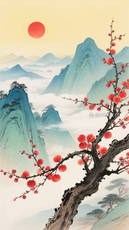 红梅映山红日山水插画