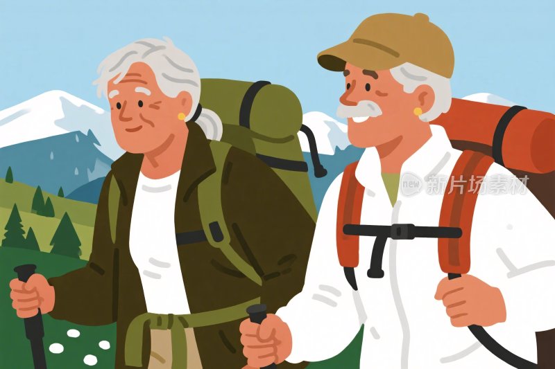 老年夫妇户外徒步插画