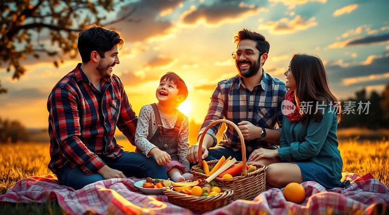家庭野餐日落时分温馨时刻