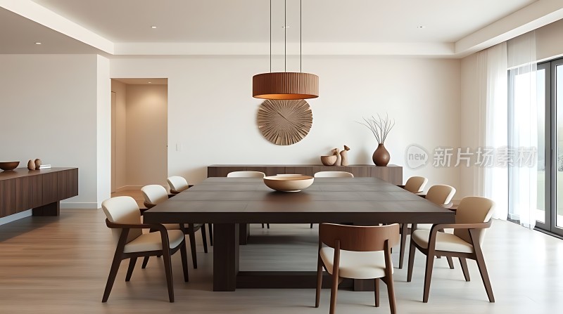 现代简约餐厅设计木质餐桌椅搭配吊灯和装饰品营造温馨氛围