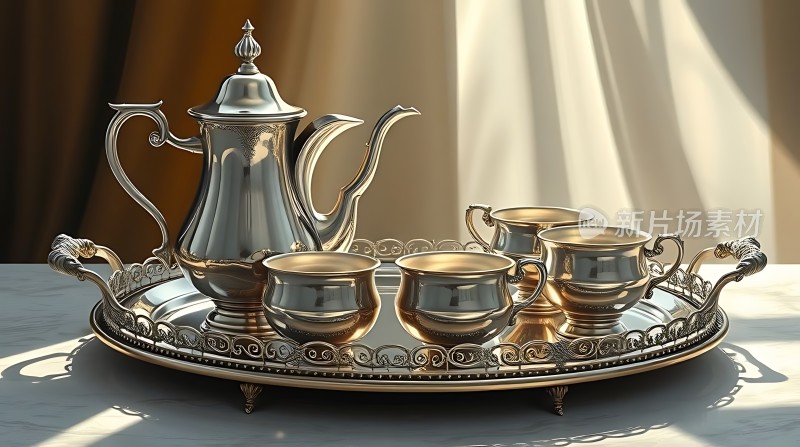 银色茶具套装展示