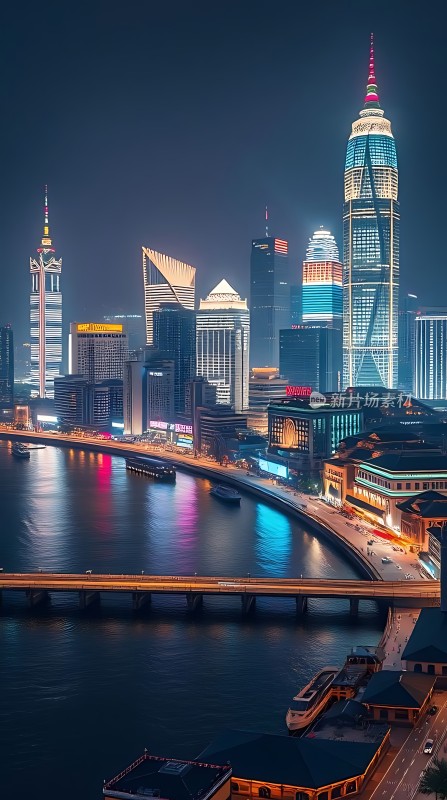 上海夜景黄浦江畔璀璨摩天大楼
