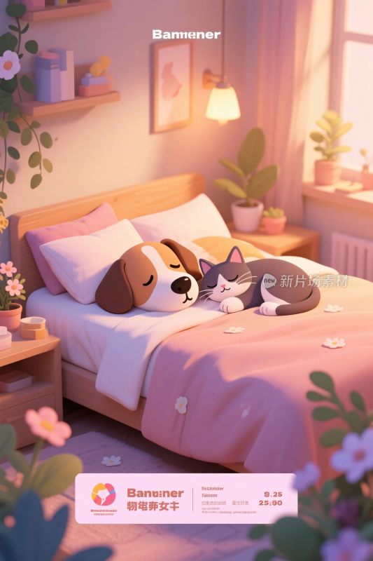 温馨萌宠卧室插画