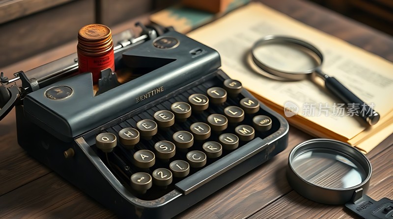 复古打字机与放大镜