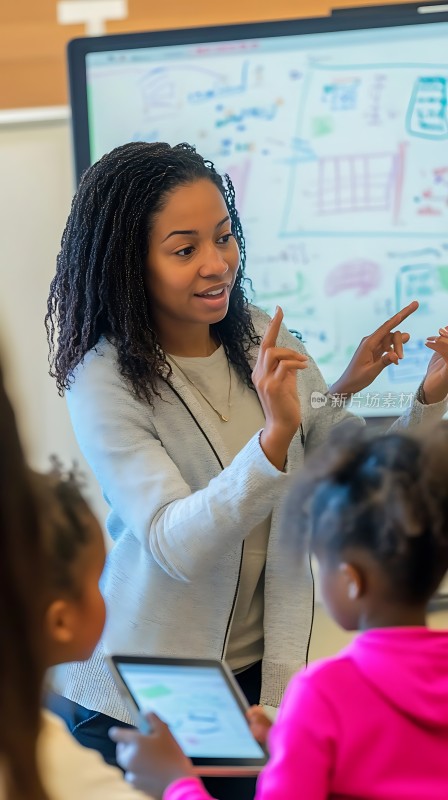 老师与孩子们互动教学白板上的图画生动有趣