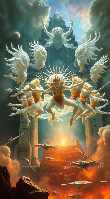 天神降临众翼舞动光芒四射神秘建筑前