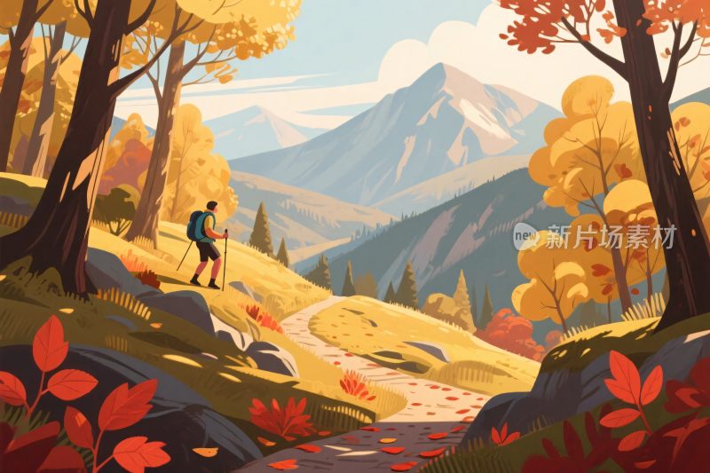 秋季山林徒步插画