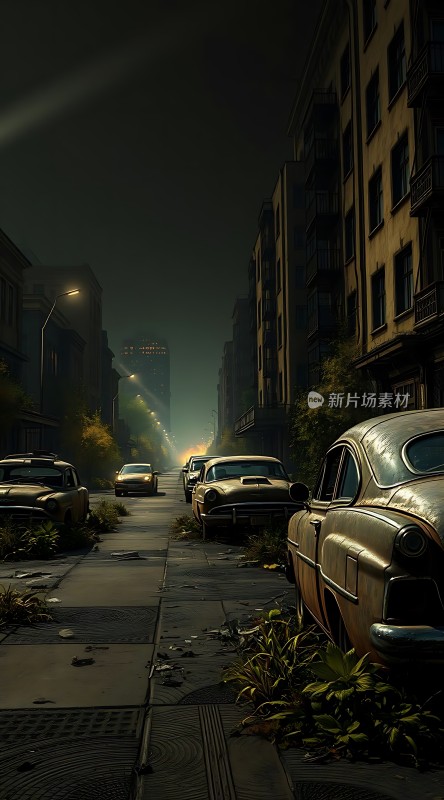 废弃都市中的旧车与建筑