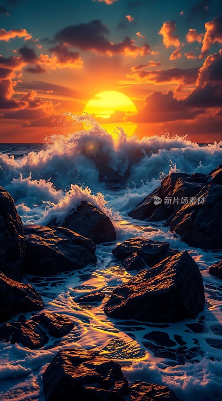 日落时分的海浪与岩石