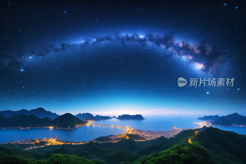 星空夜空飞越山脉有湖泊和城市高清图片