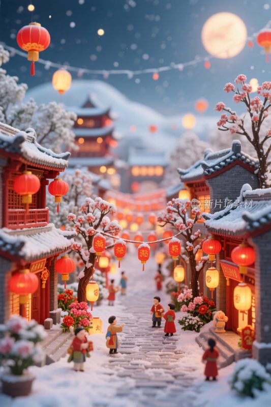 古街雪景灯笼插画