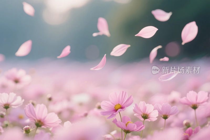 粉色花瓣飘落花海