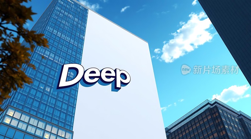 深蓝天空下的现代建筑白色大楼上的“Deep”标志引人注目