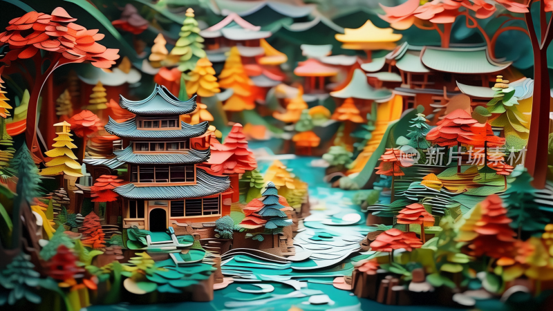 中国风绿色山水衍纸艺术