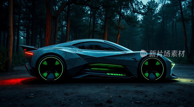 未来科技感跑车森林夜景