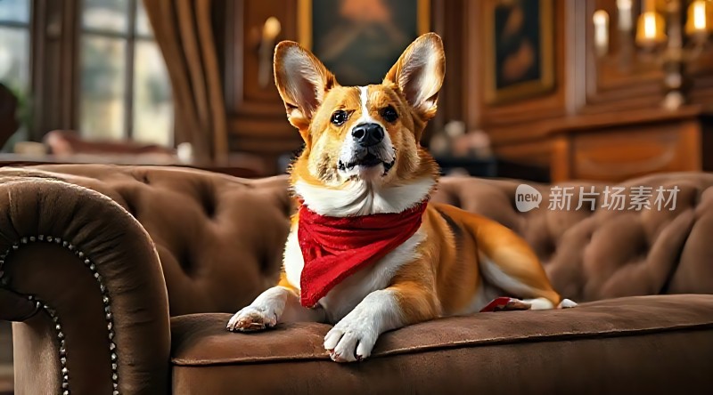 红围巾柯基犬沙发上的悠闲时光
