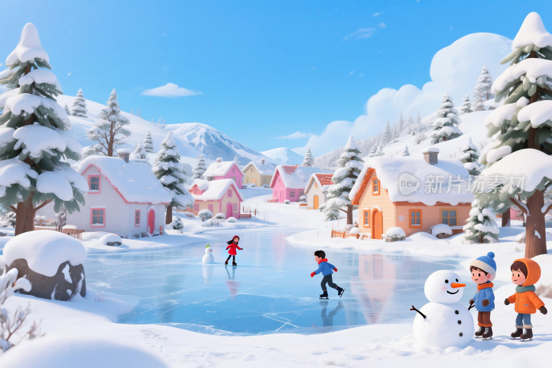 冬季童话般的雪景和孩子们堆雪人