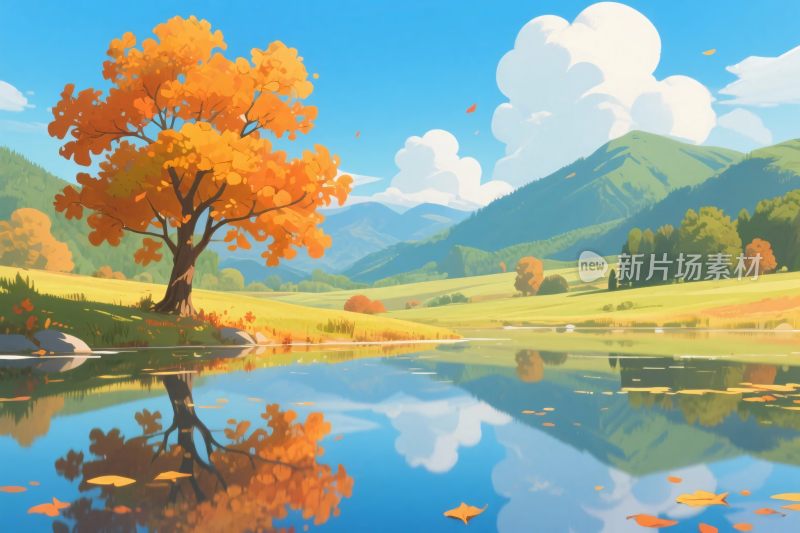 秋景山水风景插画
